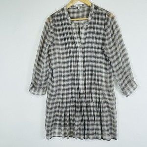 Joie Tan Brown Plaid Semi Sheer Long Sleeve Pintuck Mini Dress Womens Small